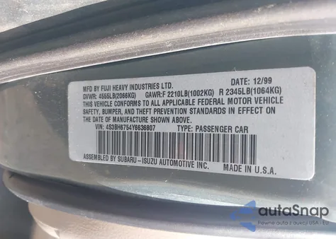 2000 Subaru Outback из США, поврежденный, VIN 4S3BH6754Y6636807